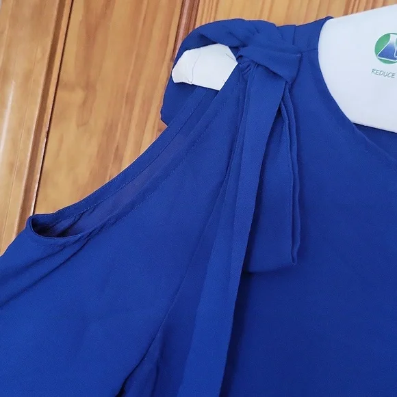 5 FOR $25 BELLE SKY Royal Blue Bow Top Cold Shoulder Blouse - Picture 4 of 5